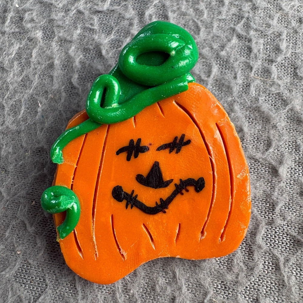 Handmade Polymer Clay Pumpkin Pin Halloween Jack-O-Lantern Orange Green Pin